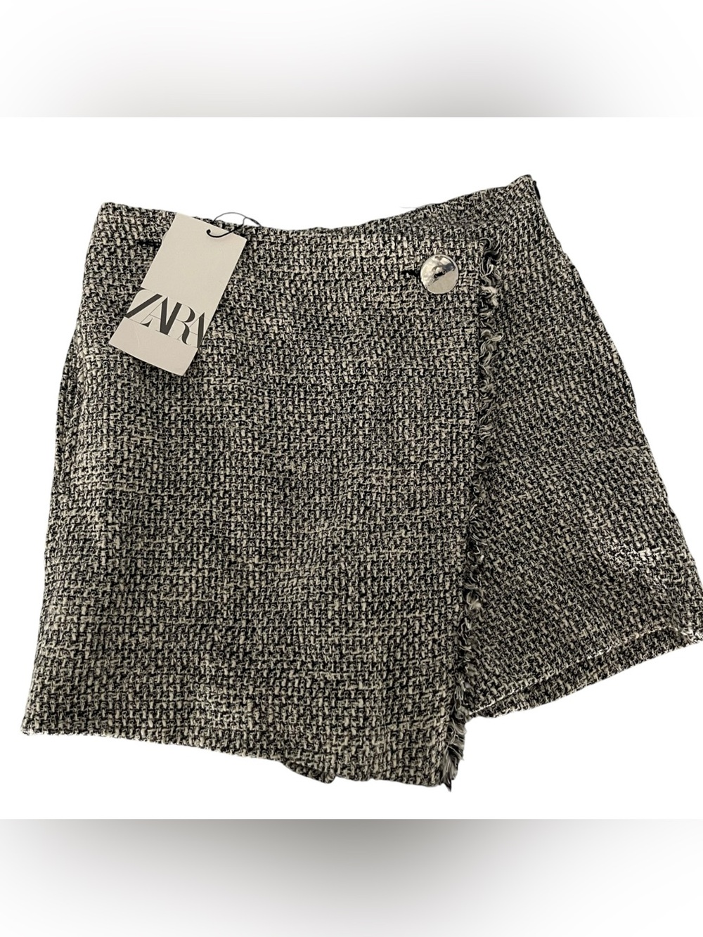 Zara Women’s XS Tweed Wrap Skort Black White Fringe High Rise NWT